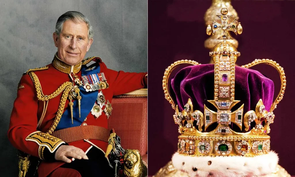 Incredible Plans for the King’s Coronation 1 Plans - A picture of King Charles III in army red tunic, medals and decorations. Next to King Charles is a picture of the King’s crown.