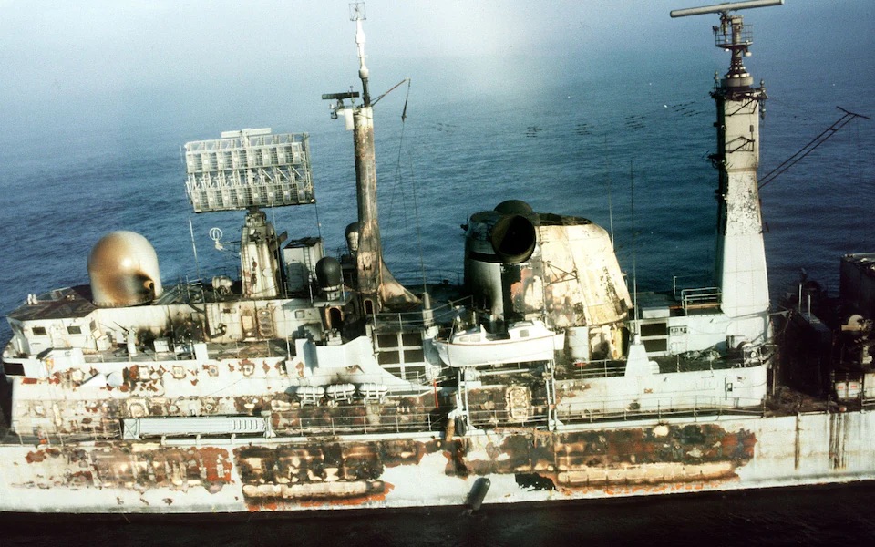 HMS Sheffield with visible damage