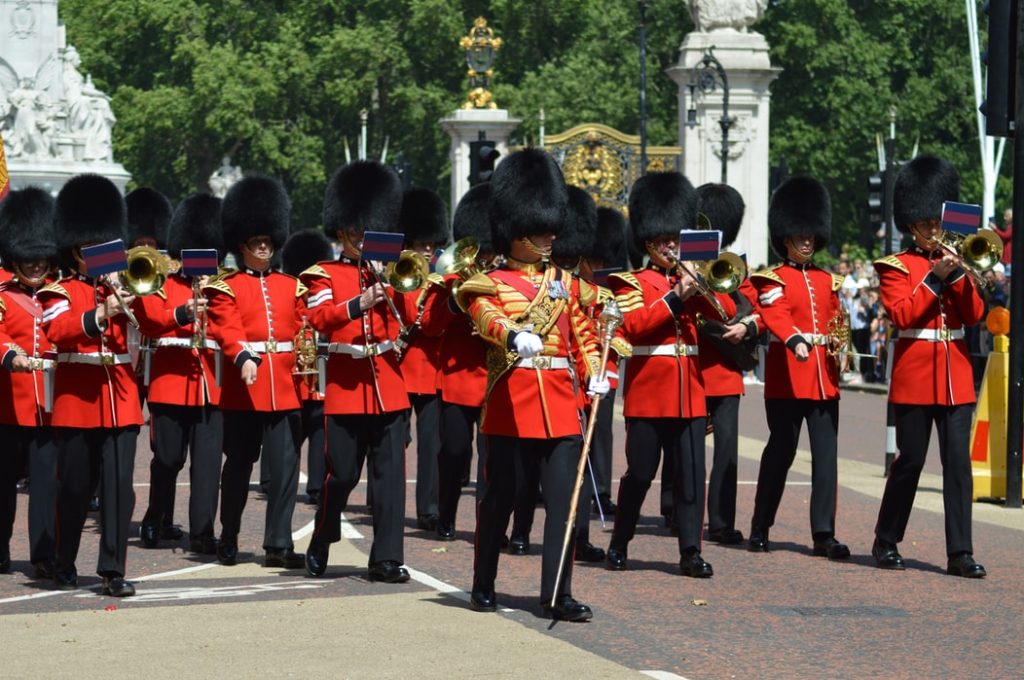 Military Musicians - A traditional military band with red tunics and bearskins