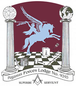 Extraordinary - Pegasus Forces Lodge #9393 2 A picture of the Pegasus Forces Lodge logo including two columns surmounted by a celestial and terrestrial globe. A chequered pavement with the various working tools of a mason. The airborne forces emblem, maroon and blue, Pegasus with Bellerophon on his back with his spear held aloft. With the latin words Superbe Serviunt - ‘proudly we serve’