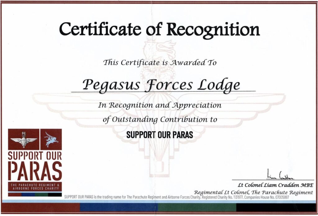 A picture of the Certificate of Recognition issued to Pegasus Forces Lodge in appreciation of their outstanding contribution to Support our Paras
