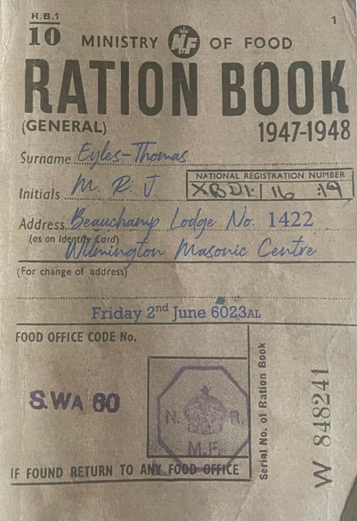 An image of a ration book especially created for the Beauchamp Lodge June meeting. Each attendee has their own ration book as a place setting