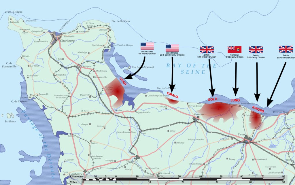 A picture of the D Day beaches (Normandy landings) used by the allied forces 6th June 1944 showing Sword Beach, Juno Beach, Gold Beach, Omaha Beach, Utah Beach 