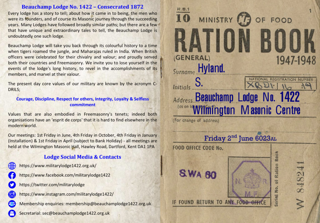 An image of the outer cover of a ration book especially created to celebrate the Beauchamp Lodge June 2023 meeting
