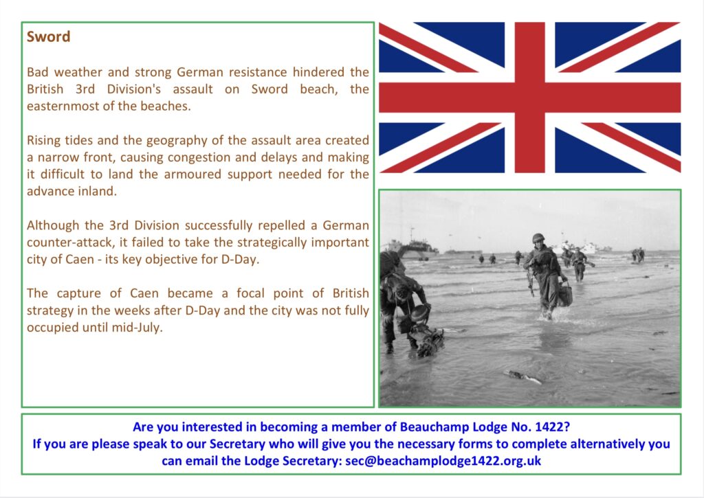 A table card detailing the troops that landed on D Day on Sword Beach