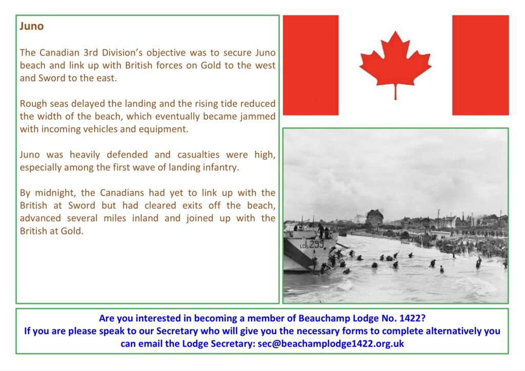 A table card detailing the troops that landed on D Day on Juno Beach