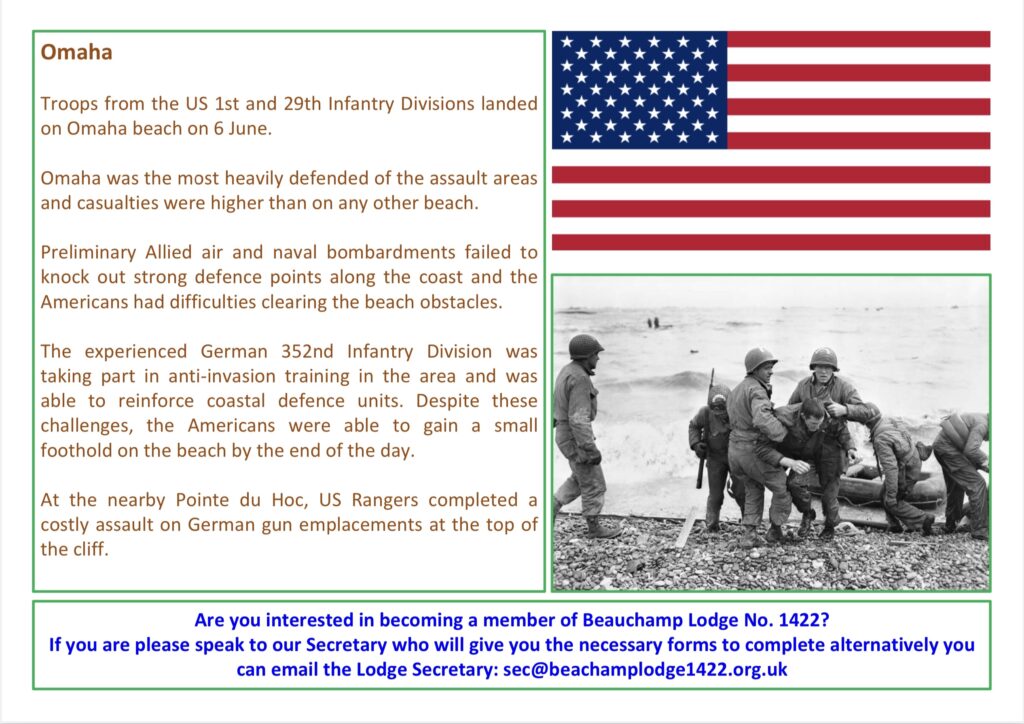 A table card detailing the troops that landed on D Day on Omaha Beach