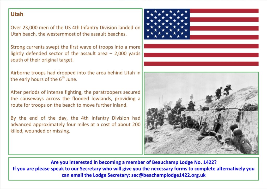 A table card detailing the troops that landed on D Day on Utah Beach