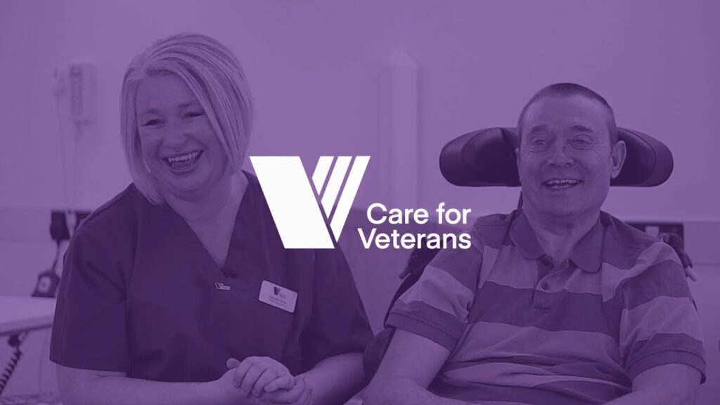 The incredible Care for Veterans 2 An image of a veteran in a wheel chair with a helper by his side. One of the adverts for Op Courage displaying the Care for Veterans logo