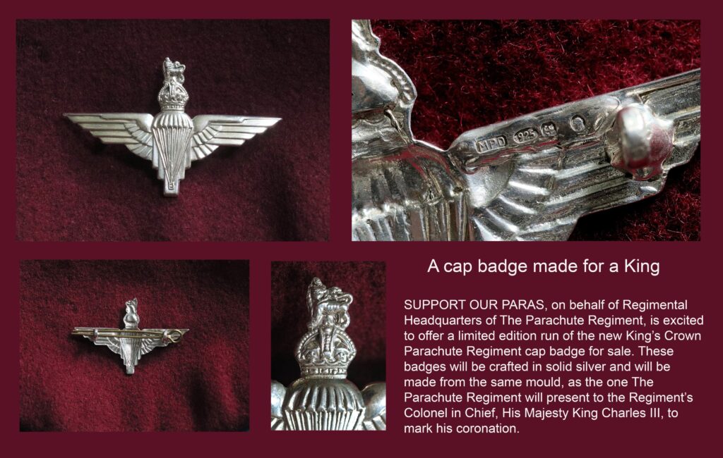 An image of a Support Our Paras advert which depicts a silver cap-badge of the parachute regiment that can be purchased