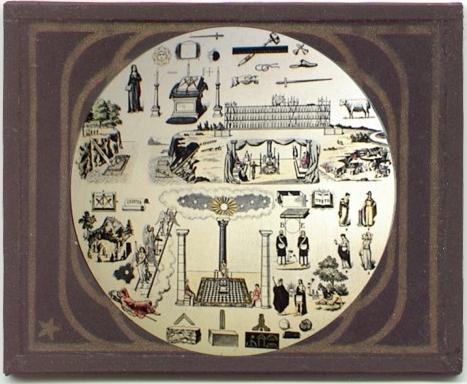 Awesome - Next slide please 3 A picture of a 19th Century American 1st Degree Lantern Slide showing numerous Masonic images
