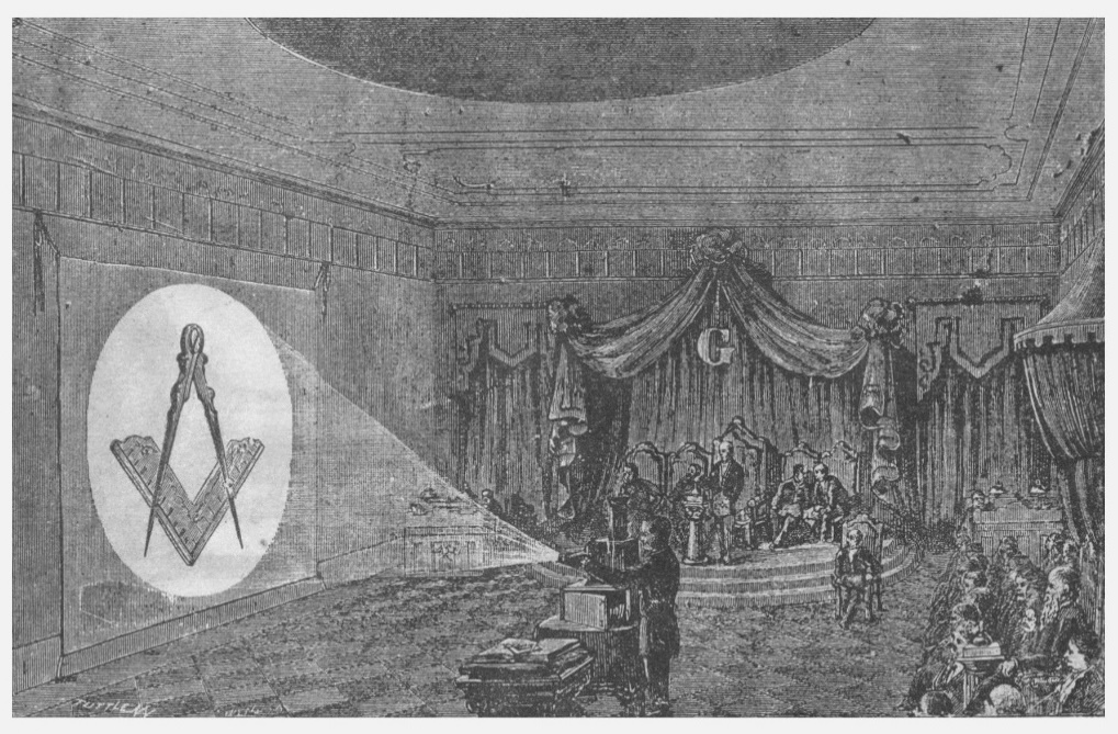 Awesome - Next slide please 2 A sketched image of a slide show being shown in an American Lodge c1900