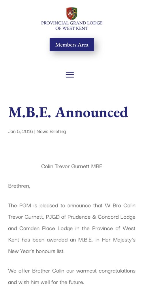 Colin Gurnett - Incredible Member Profile 9 An image of the Province of West Kent’s announcement regarding Colin Gurnett’s MBE