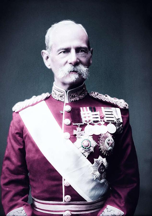 Brilliant Part 3 Orders - April meeting 3 A picture of a grey haired, bushy moustache Field Marshall Roberts Earl Roberts Victoria Cross wearing his uniform - a red tunic, white sash, gold braid and medals abundant