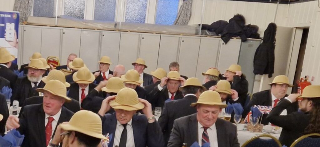 Incredible Military Lodge April meeting 14 A picture of the April 2023 meeting festive board where the members and their guests dined in their pith helmets