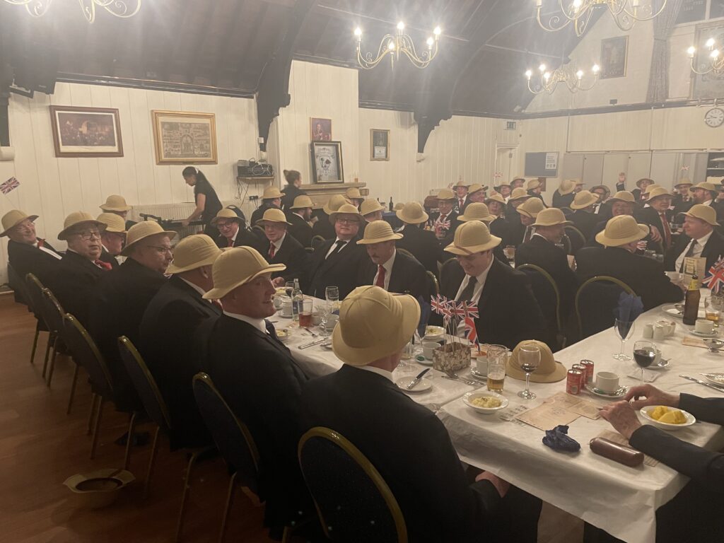 Incredible Military Lodge April meeting 11 A picture of the April 2023 meeting festive board where the members and their guests dined in their pith helmets