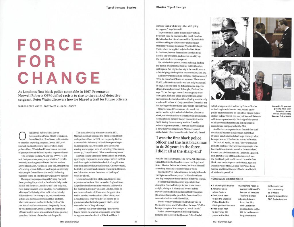 Norwell Roberts QPM - Incredible Member Profile 7 An image of a two page article inside the summer edition of the freemasonry today magazine, summer 2021, with various pictures of Norwell Roberts
