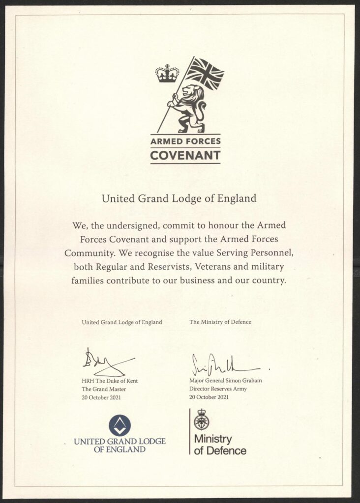 Ironclad - Armed Forces Covenant 1 A picture of the Armed Forces Covenant signed by His Royal Highness the Duke of Kent, The Grand Master of the United Grand Lodge of England and Major General Simon Graham, from the Ministry of Defence, Director Reserves Army