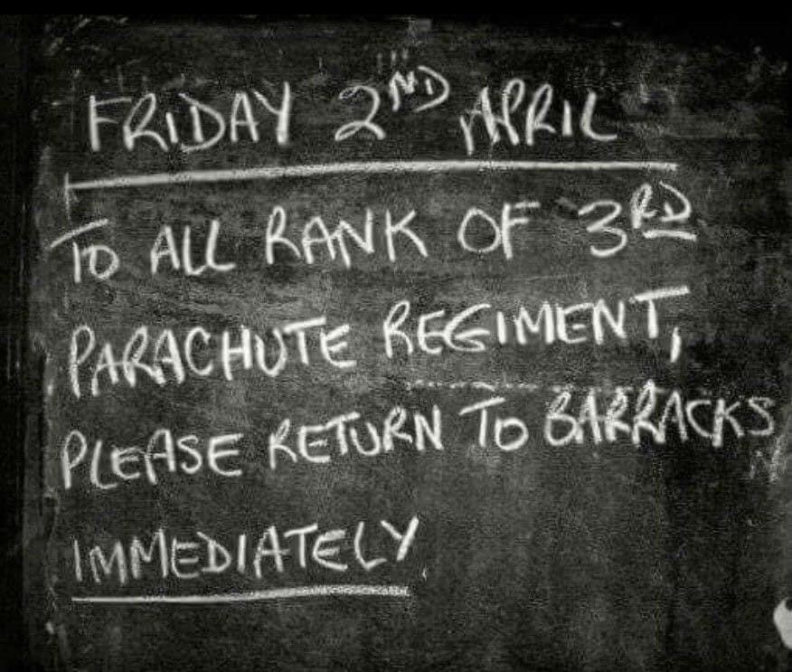 Incredible Part 7 Orders - October meeting 1 Part 7 Orders - The chalked Blackboard at Waterloo Railway Station instructing all members of the 3rd Battalion the Parachute Regiment to return to Barracks